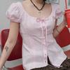 Crew Neck Bubble Sleeve Short Sleeve T-Shirt Women's French Solid Color Strap Waist Skinny Top Summer