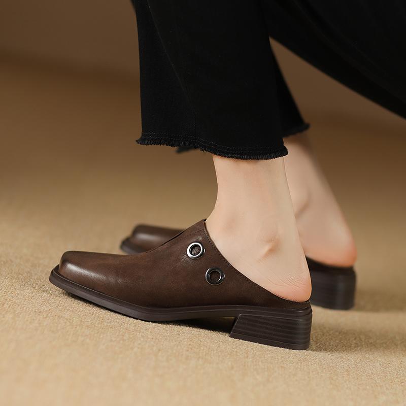 Fashion Elegant Women Summer New Square Toe Cowhide Genuine Leather Slides Shoes Office Ladies Work Med Heels Slip On Loafers Slippers