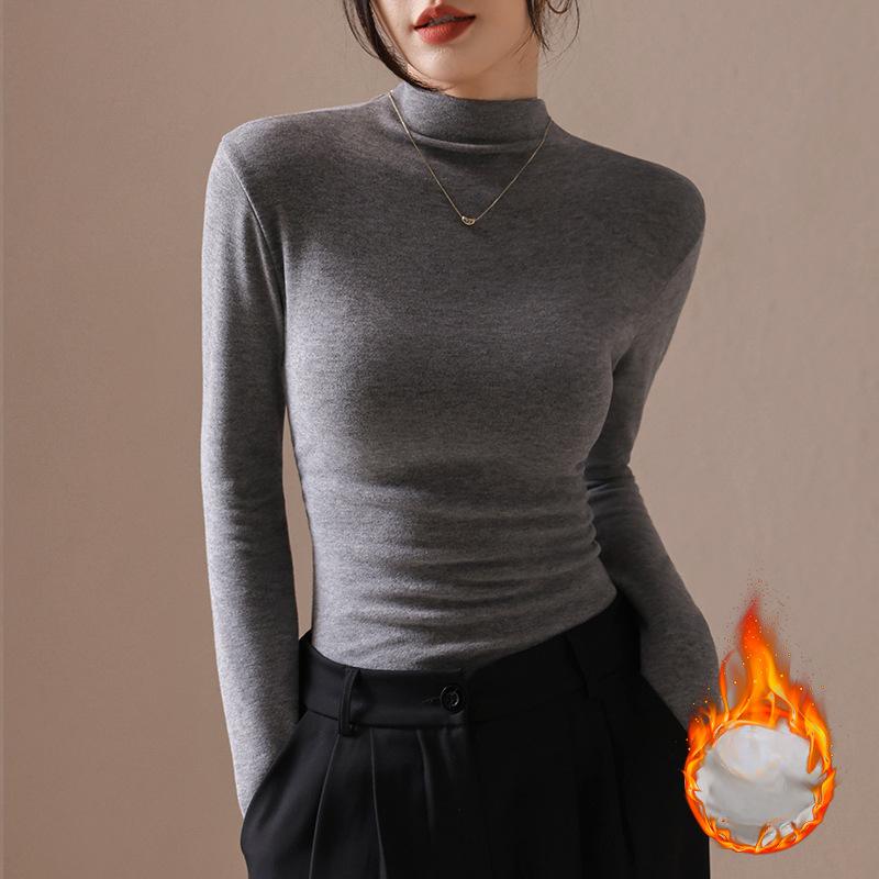 Autumn and Winter Sheepskin Semi High Neck Warm Long Sleeved SweaterWomen's Slim Fit Waist Cinching and Plush Thickened Base Shirt