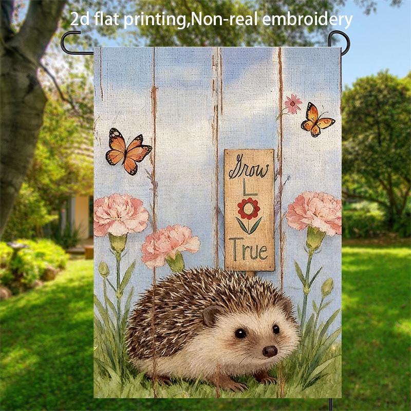 2D Flat - 2D Flat - 1pc, 2D Flat Printing, Cute Hedgehog And Butterfly Garden Flag, Material, Multiple Sizes Available, Machine Washable for Outdoor U