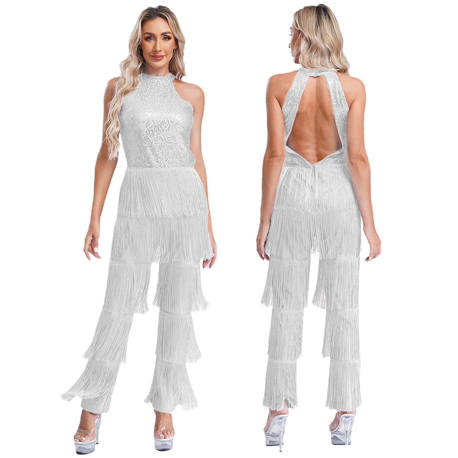 

Women Sleeveless Jazz Costume Flowy Tassel Rompers Performance Dancewear Fringe Jumpsuit Tango Cha-Cha Samba Dancing Party Dress S серебряный