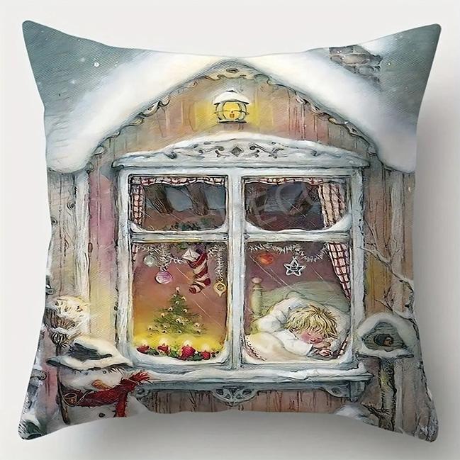 Home Decor Winter Windows and Cozy Christmas Scenes Pattern Cushion Cover Suitable for Sofa Bedroom Car Pillow Cover