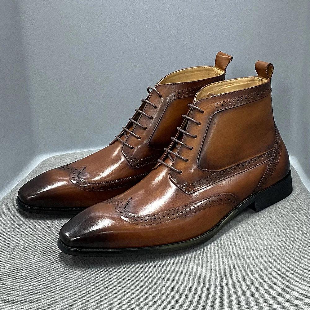 Fashion Men's Classic Calfskin Real Leather Cowboy Boots Lace-Up Wingtip Pointed Toe High Cut Formal Derby Shoes