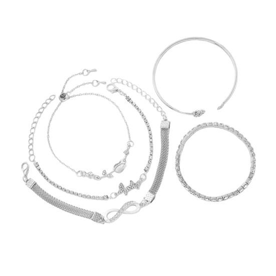 

5Pcs/Set Women Alloy Bracelets Layered Cuff Tulip Butterfly Stackable Rhinestone Bracelets Chain Bracelets Jewelry for Party срібний