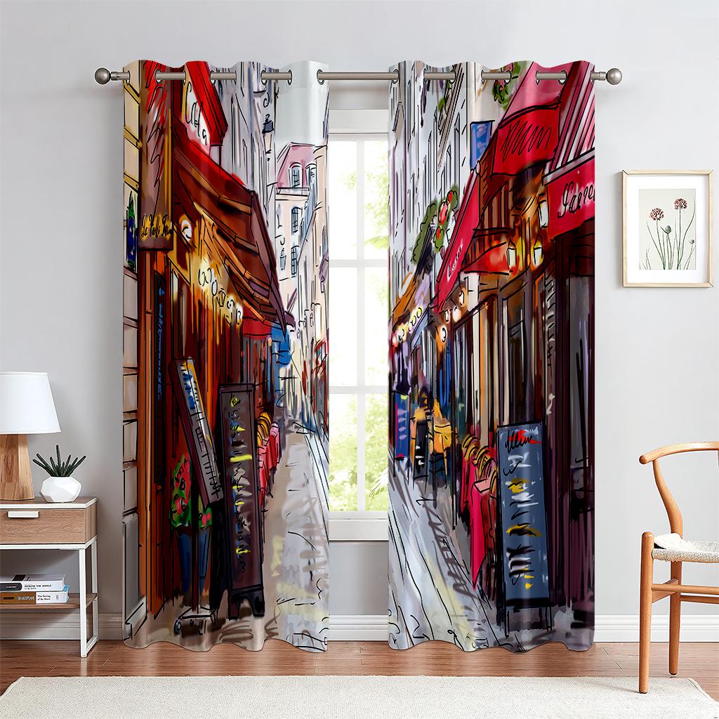 Urban Architecture 3D Printed Curtains Street View Modern Industrial Style Living Room Floor-To-Ceiling Windows Custom Curtains