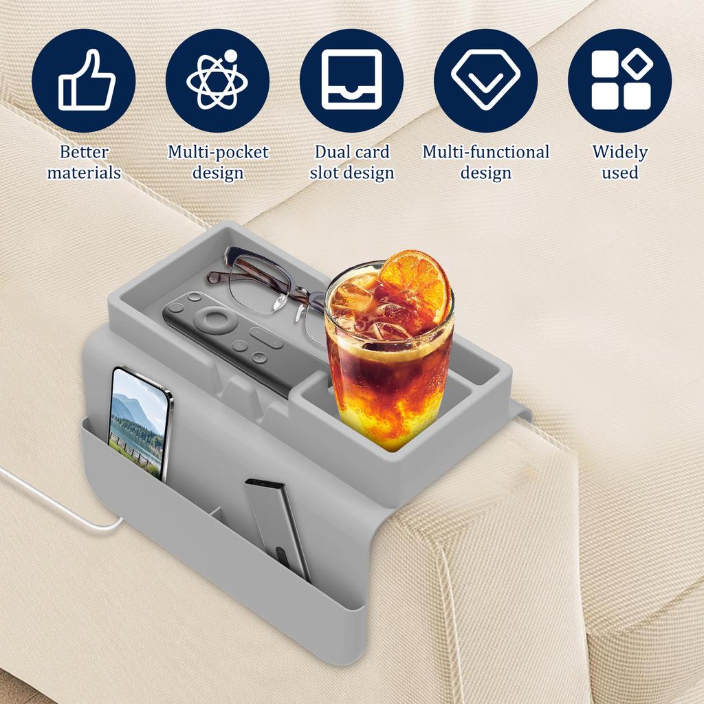Sofa Cup Holder Silicone Sofa Armrest Tray with Side Pocket Dual Slot Beverage Snack Storage Phone Remote Control Organizer
