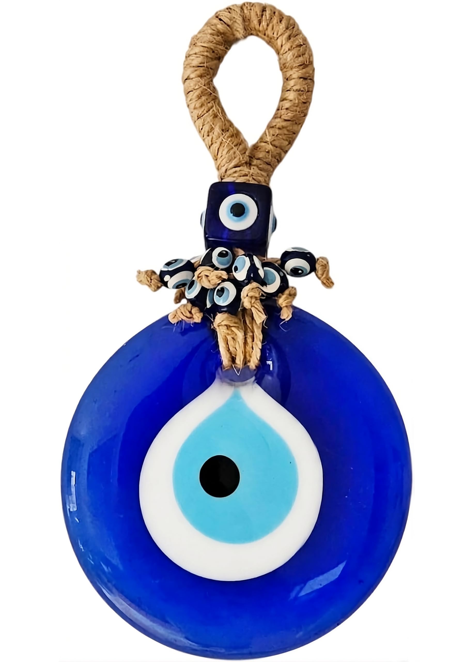 MYSTIC JEWELS Verre Bleu Nazar Œil Protecteur Turquoise avec Décoration Murale en Jute - Amulette, Pendentif, 9cm, Cordon, bleu