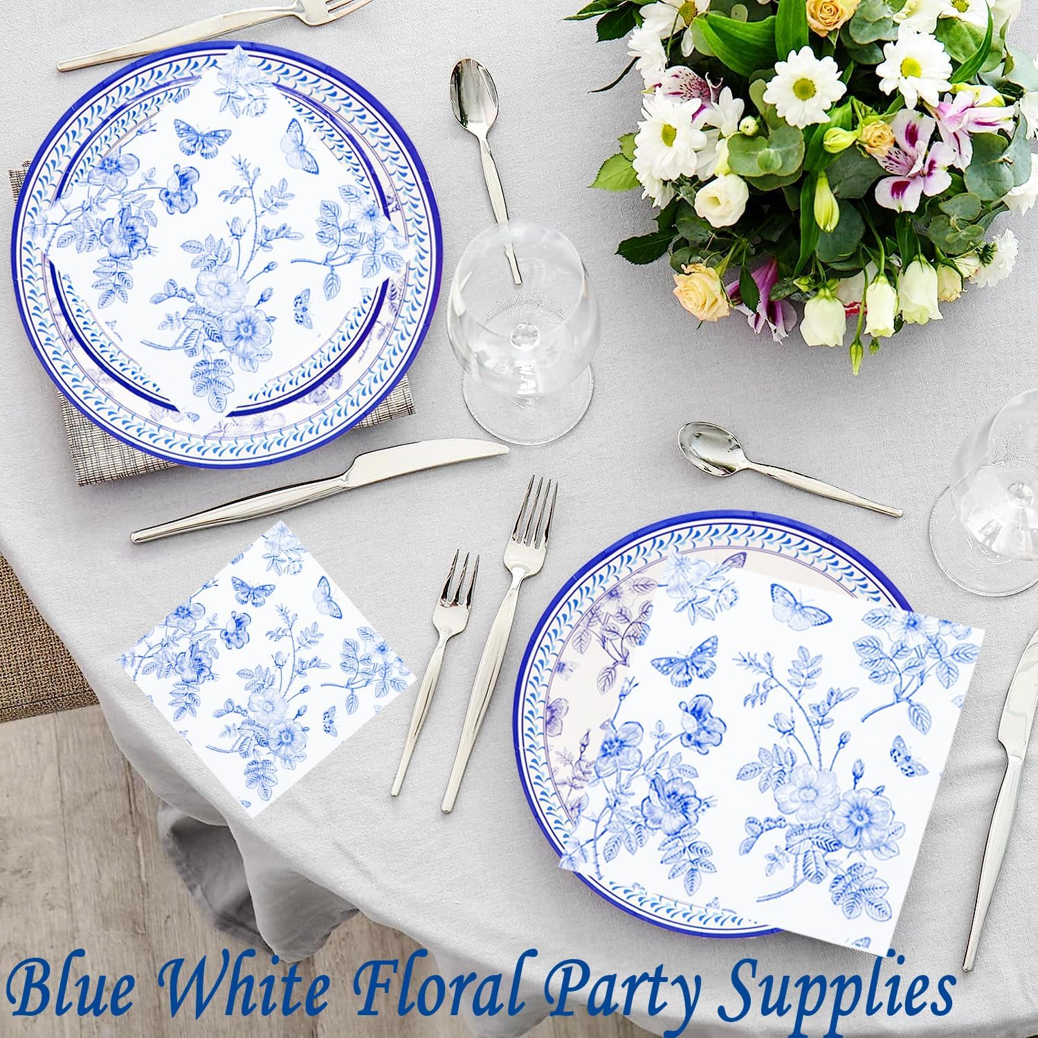 40 Pack Blue White Floral Luncheon Napkins - Fancy Dessert Paper Napkins for Tea Party, Baby Shower, Birthday Party Supplies Decor