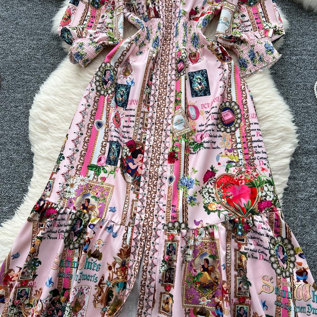 Spring Autumn Women Brand Designer Print Runway Dress V-neck Elastic Waist Long Maxi Party Dresses