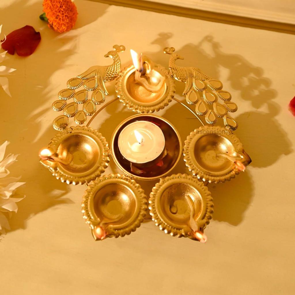 Peacock Diya Shape Decorative Urli Bowl for Home Decor with 5 Attached Oil Diyas for Floating Home Pooja Room (7 Inch)
