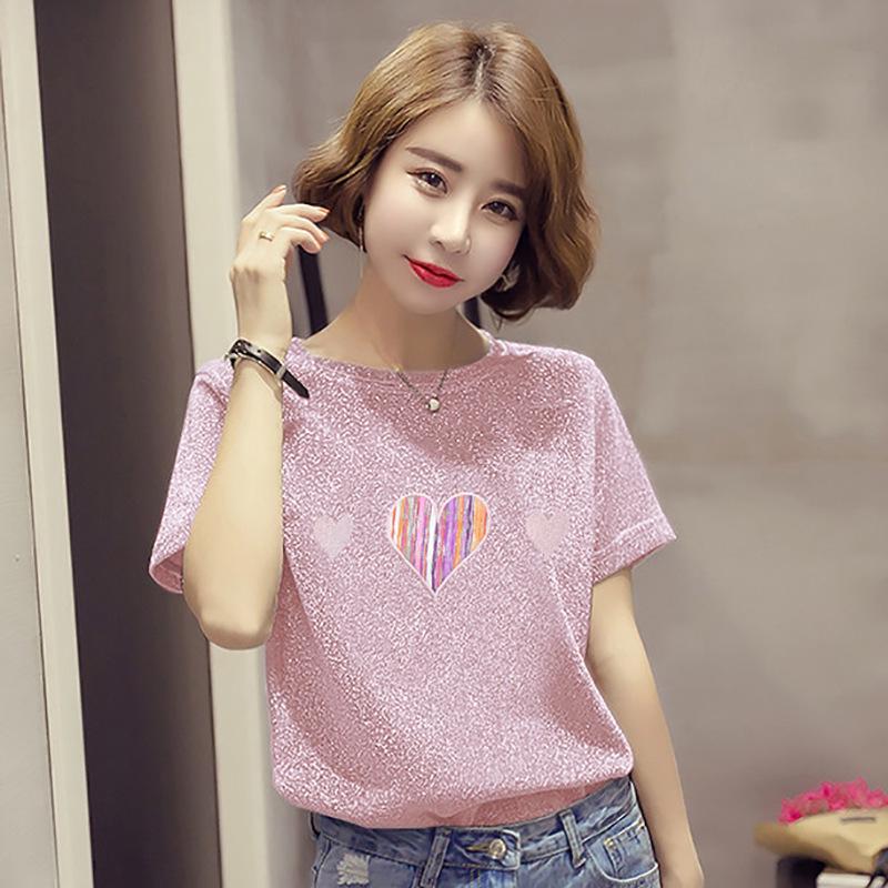 

Женская летняя футболка 2020 года с коротким рукавом свободного кроя - Универсальный, модный топ из блестящего шелка M