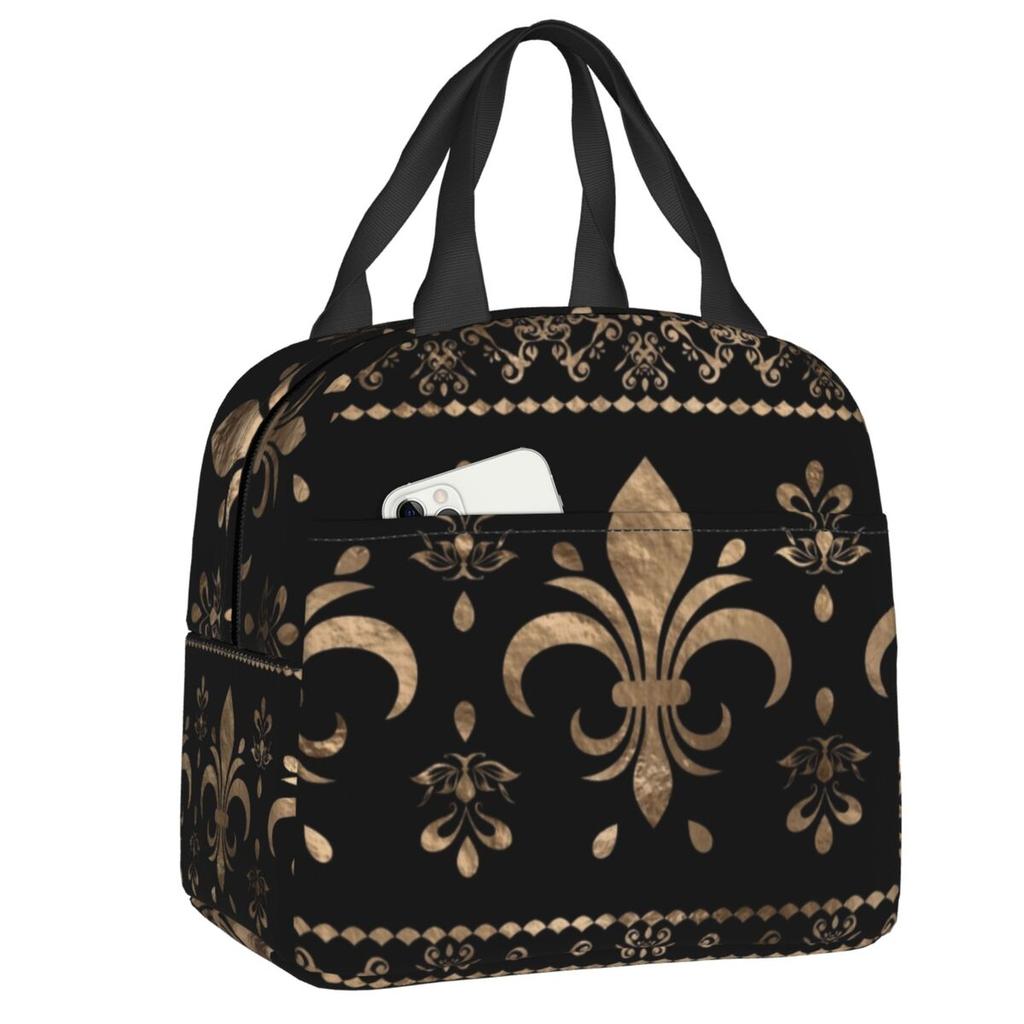 Custom Fleur-De-Lys Gold And Royal Blue Lunch Bag Men Women Cooler Thermal Insulated Lunch Box for Children School