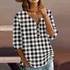 Women’s Casual Plaid Print Henley Shirt Cotton Linen Three Quarter Sleeve V Neck Button Front Loose Fit Top