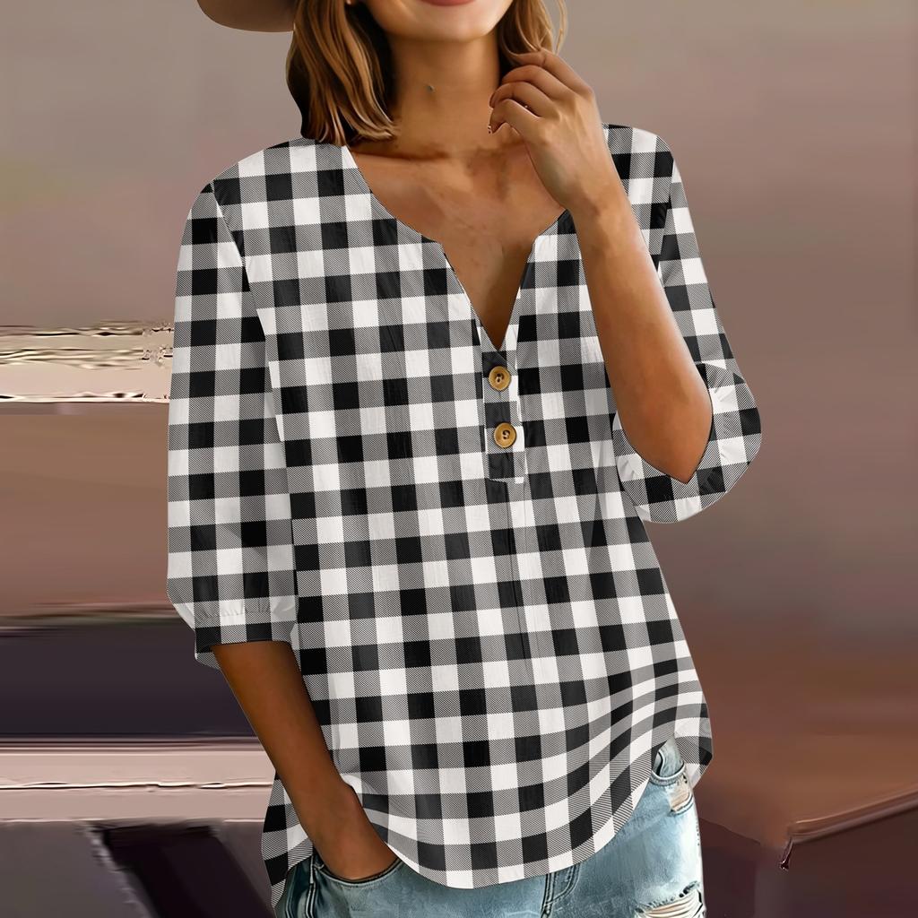 Women’s Casual Plaid Print Henley Shirt Cotton Linen Three Quarter Sleeve V Neck Button Front Loose Fit Top