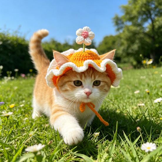 Crochet Flower Cat Hat Handmade Scalloped Pet Hat with Flower Ear Holes Cute Flower Hat for Small Medium Dogs Cats Party Photo Props