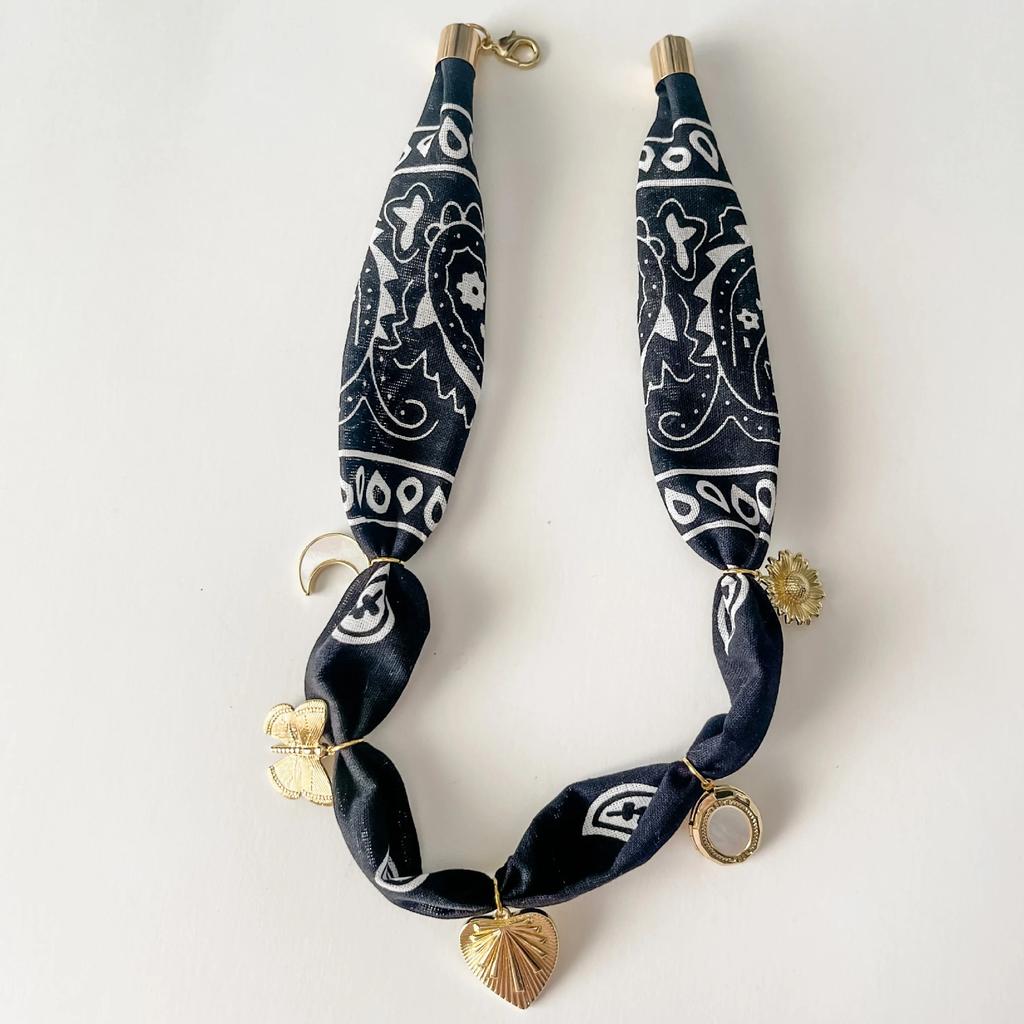 Bohemian Printed Silk Scarf Necklace Retro Metal Love Shell Pendant Cloth Strip Splicing Trendy Jewelry