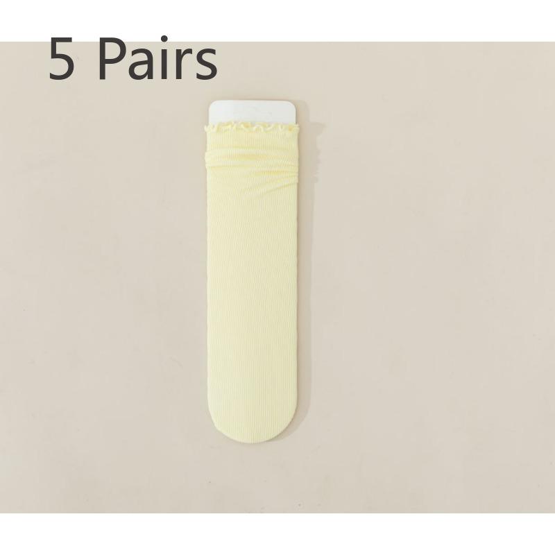 5 pairs of socks women's summer thin mid-calf black and white wooden ear edge solid colour ice ice socks velvet stacking socks