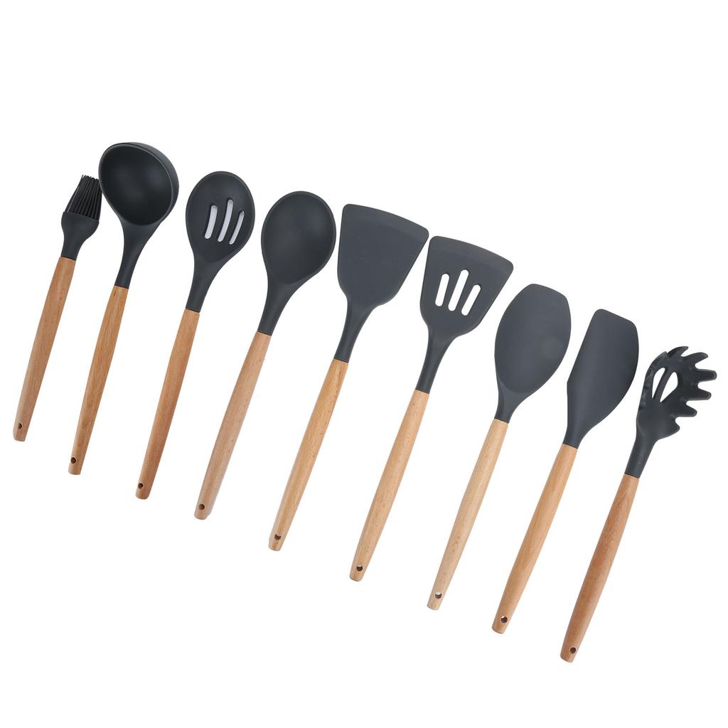 9Pcs Set Silicone Kitchenware Kit NonStick Cooking Utensils Baking Tool with Wooden Handle