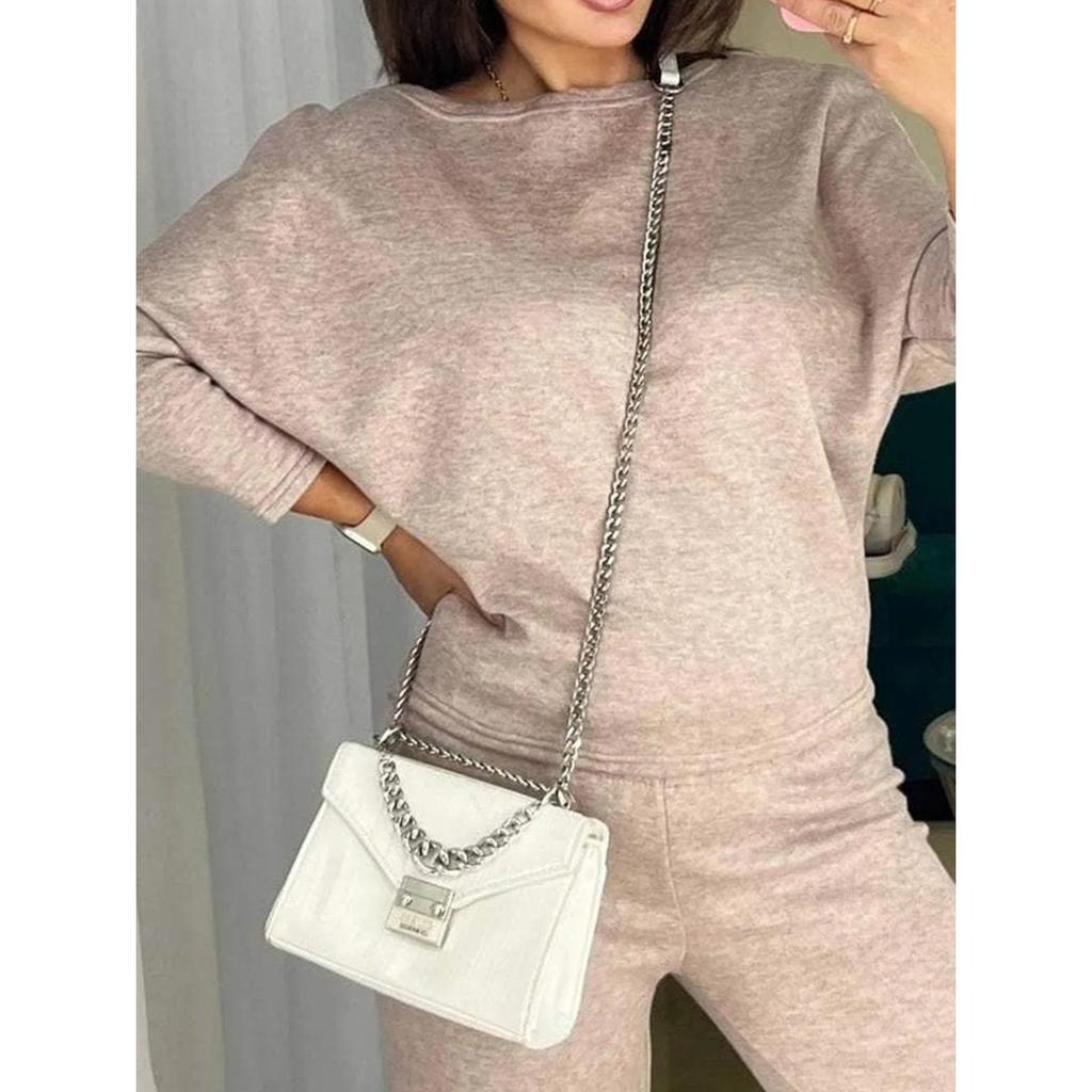 Women's Off Shoulder Long Sleeve Loose Fit Sweatshirt Jogger Pants Two Piece Set