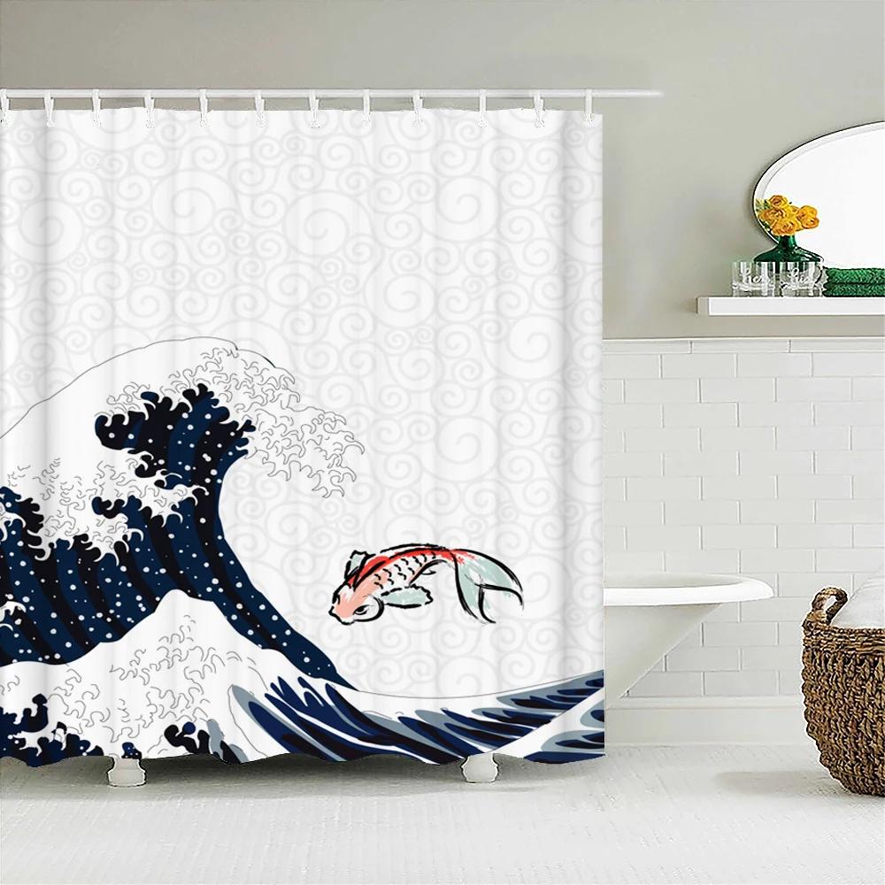 Japanese Sea Waves Koi Spray Fabric Shower Curtain Bathroom Curtains Plum Blossoms Mount Fuji Landscape Bath Screen With Hooks