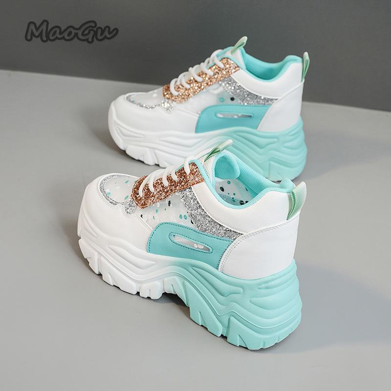 Fashion Shoes for Women Platform Sneakers Summer Women Casual Breathable Mesh Sequin Sneakers Wedges Sports Lace-up Non-slip Shoes