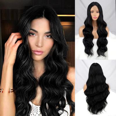 Natuurlijk Zwart Lang Body Wave Kant Voorkant Pruik Zonder Pony Synthetische Vezel Dagelijkse Slijtage Lange Watergolf Zwarte Pruik