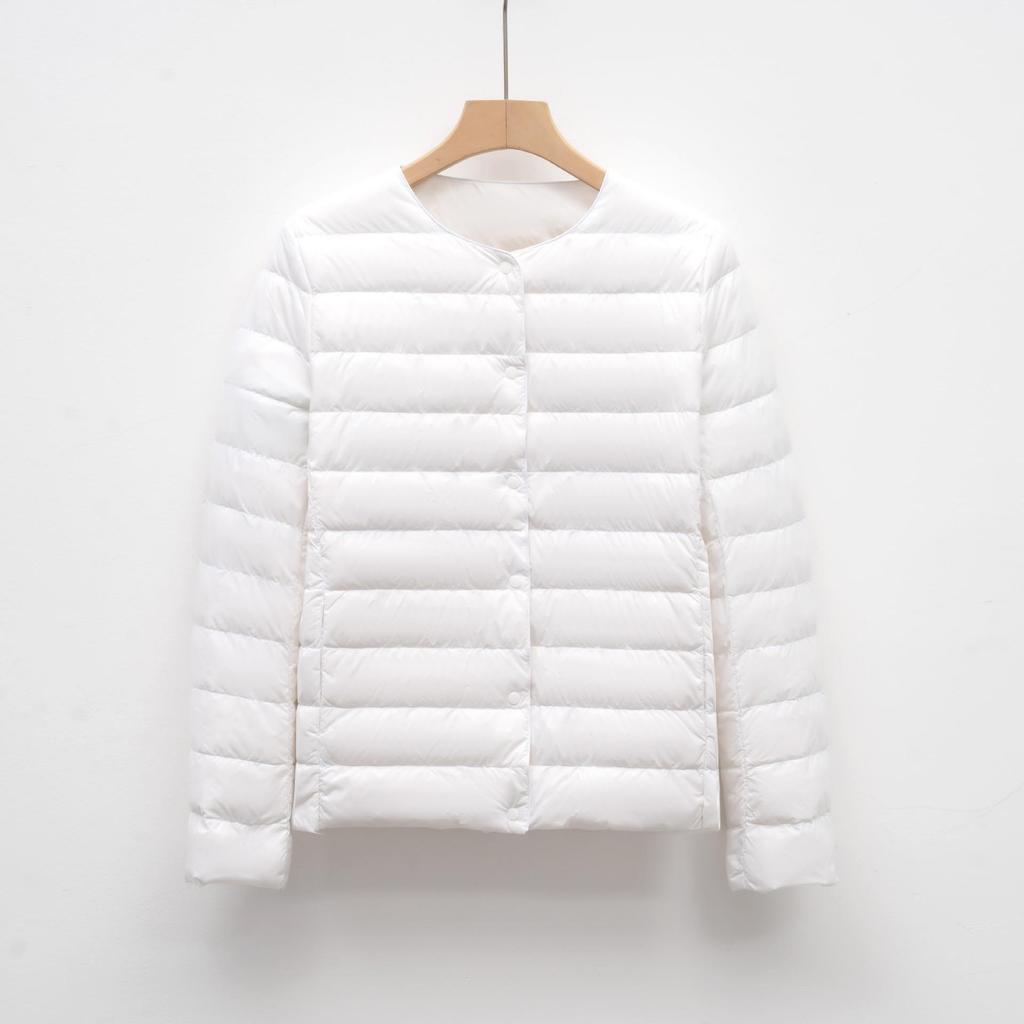 Luz de Inverno Jaqueta Simples Quente de Outono e Inverno Feminina de Gola Redonda Curta