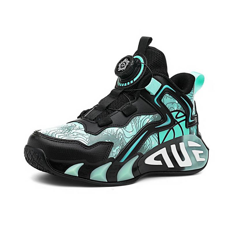 Boys basketball shoes autumn and winter new leather waterproof boys shoes button sneakers black dirt-resistant actual combat sneakers