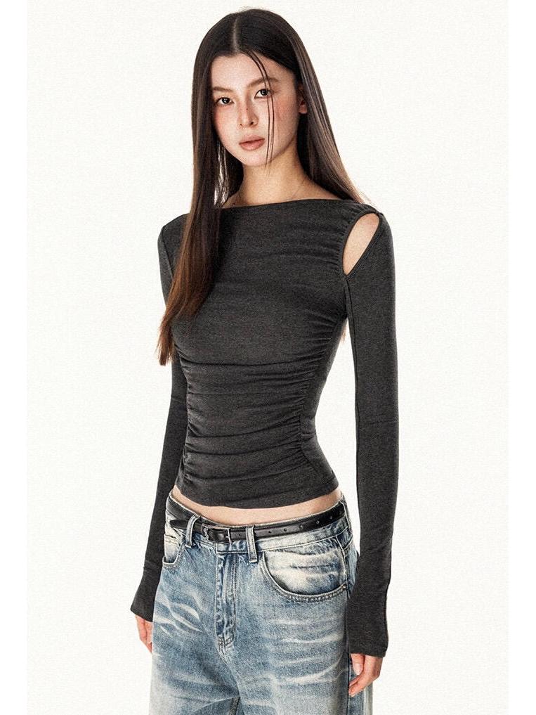Spicy Girl Waist-Cinching Long-Sleeve Pleated T-Shirt - Slim-Fit, Figure-Flattering Design for Early Autumn