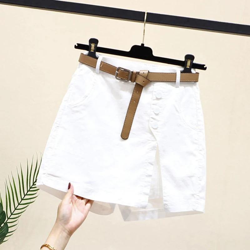 

Summer Shorts Women Belt Korean Solid Buttons Side Slit A-line Streetwear Skirts Harajuku Summer Loose Pants XXXL білий