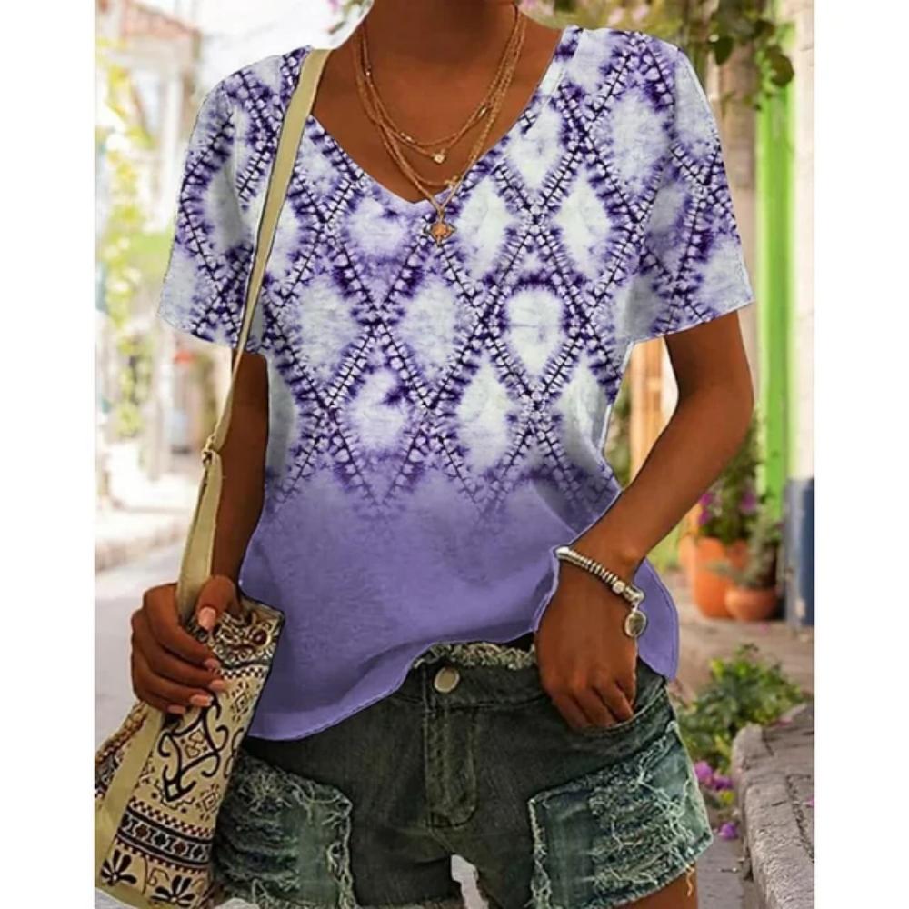 3D V Neck T Shirt Vintage Women Mixed Floral Pattern Print Summer Ladies Shirt Tops Street Trend Loose Plus Size Ladies Tops