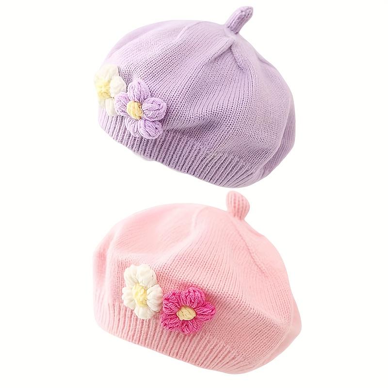 

2pcs Baby Beret Hats Stretch Knit with Cute Floral Embellishments Lightweight Warm Winter Autumn for Newborns Toddlers 0-3 Years