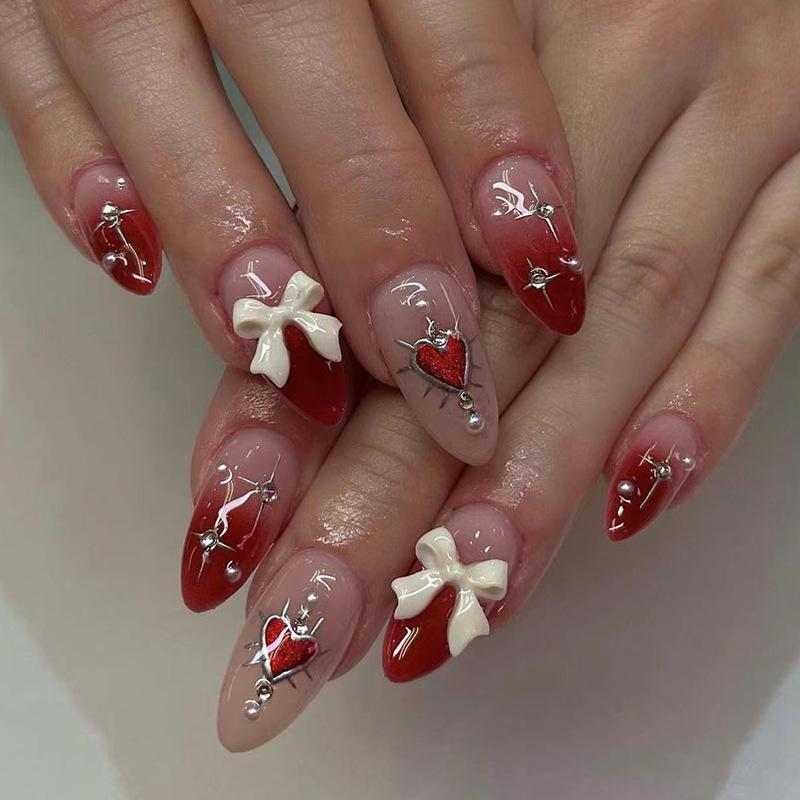 Valentine s 3D Bow & Pearl Gradient Red Heart Press-On Nails JP3138 [glue type]