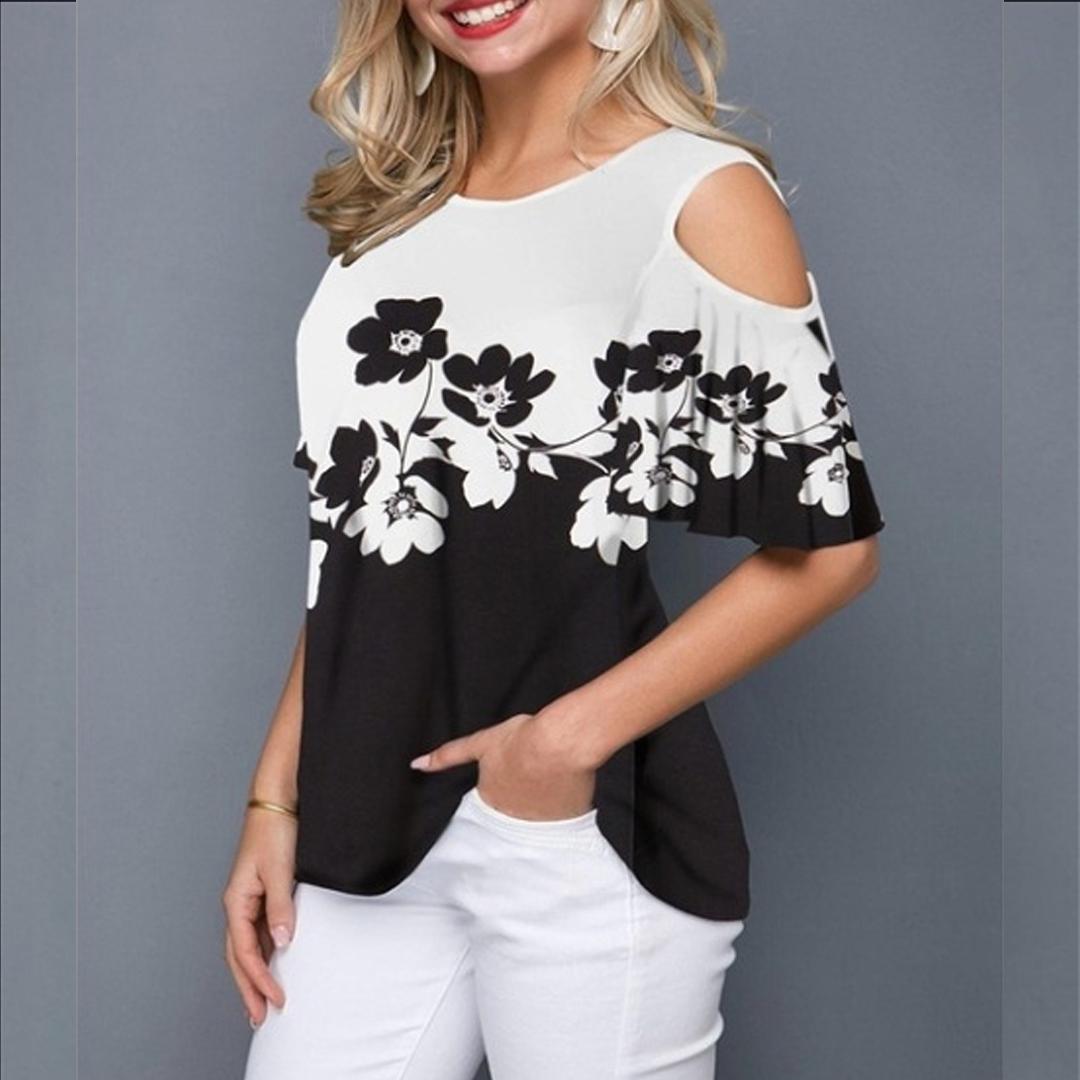 

Женская сексуальная футболка с коротким рукавом с круглым вырезом и цветочным принтом, свободная футболка с открытыми плечами XXL белый