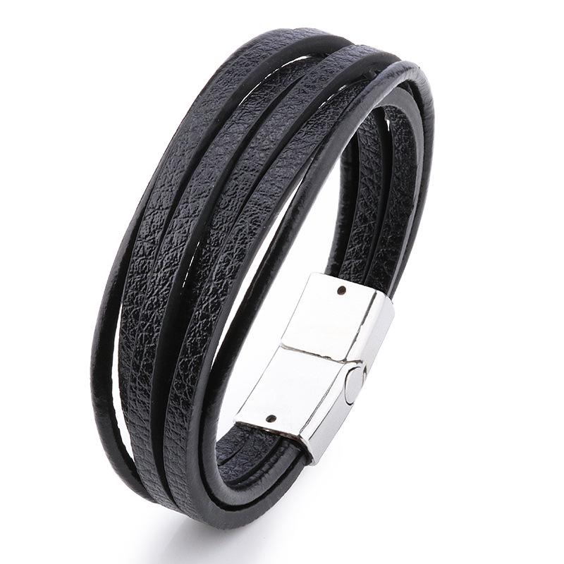 2022 New European & American PU Men's Leather Alloy Woven Bracelet