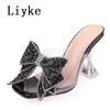 Fashion Liyke Fashion Crystal Sequined Bowknot Women Slippers Sandals Strange Style Clear Heels Open Toe PVC Transparent Shoes Size 46