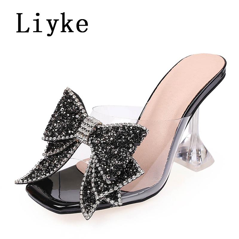 Fashion Liyke Fashion Crystal Sequined Bowknot Women Slippers Sandals Strange Style Clear Heels Open Toe PVC Transparent Shoes Size 46