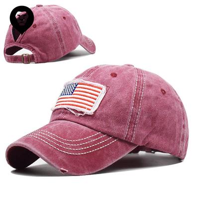Pure Cotton Washed Ponytail Cracked National Flag Embroidery Baseball Cap Ponytail Hat Foreign Trade  Tide Curved Brim Ponytail Cap