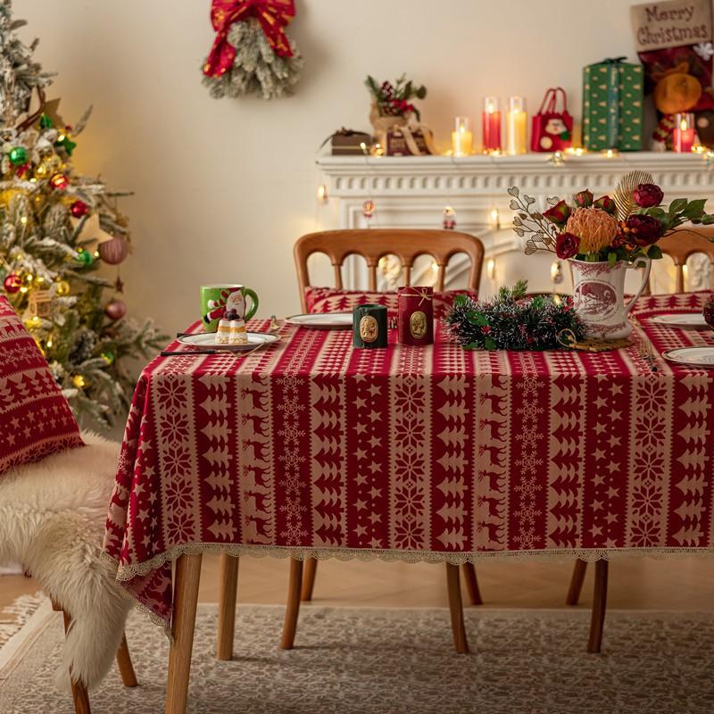 Christmas Red Tablecloth Tree Bell Deer Tassel Waterproof Decorative Table Cover