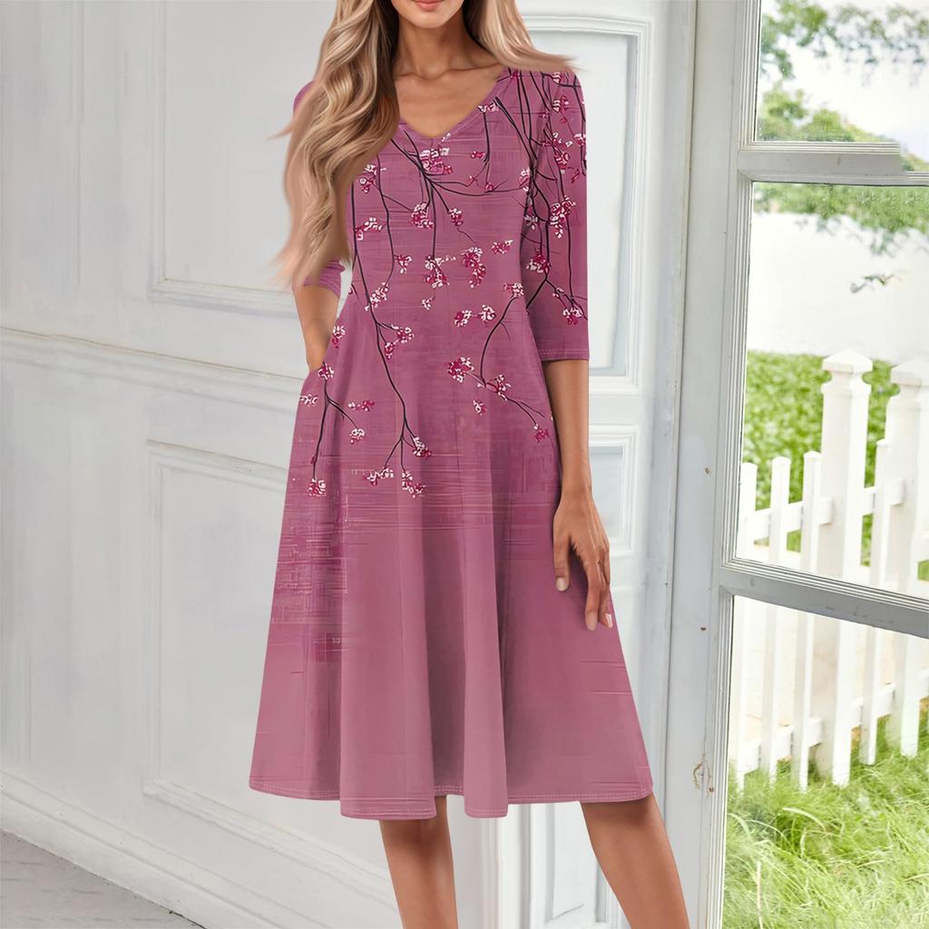 Women's Casual Fashion V Neck Three Quarter Sleeve Print Midi Dress