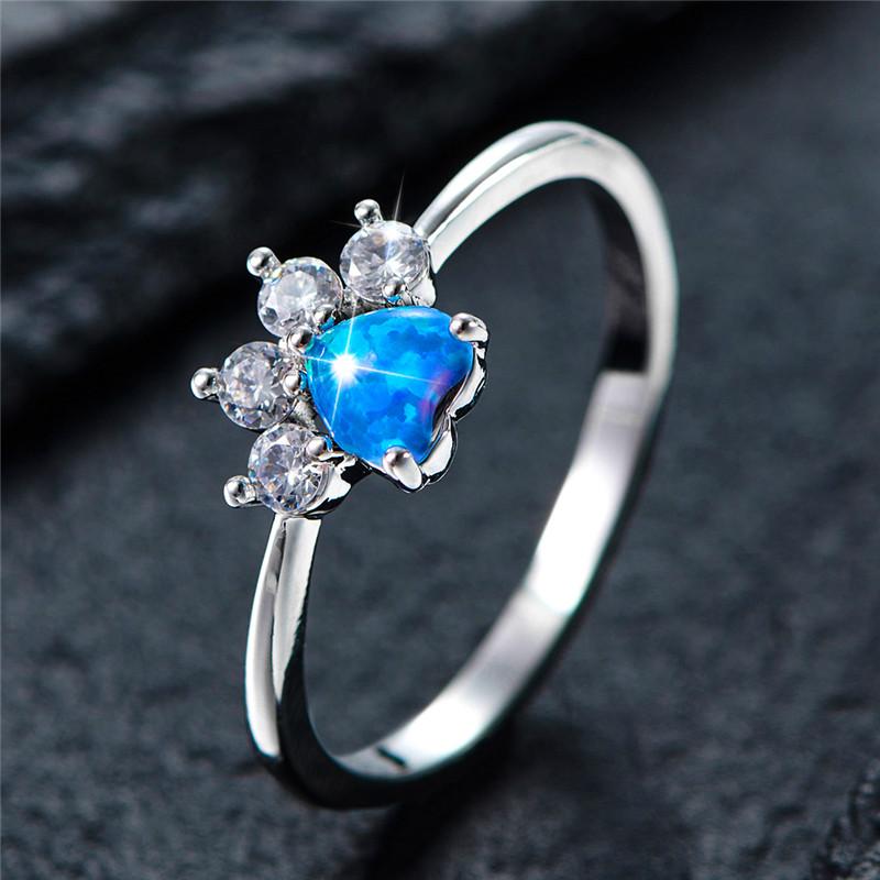 Cute Female Small Blue White Fire Opal Stone Ring  Vintage Dog Cat Paw Claw Heart Wedding Jewelry For Women