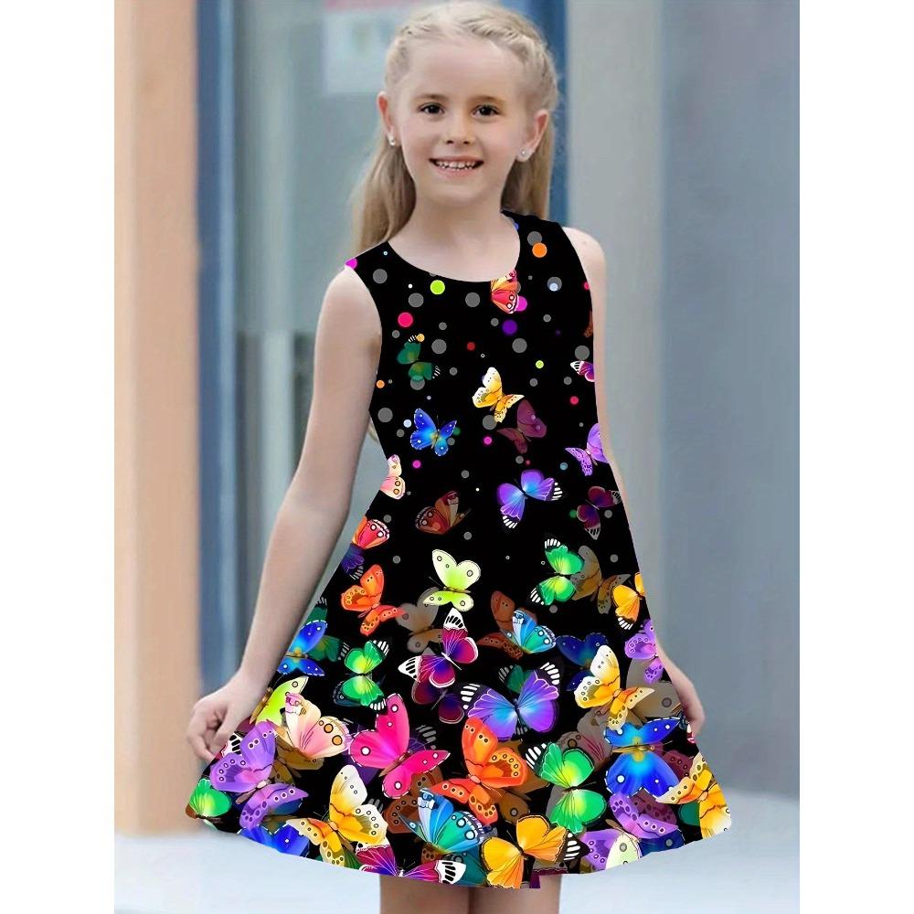 Robe débardeur sans manches à col rond pour fille Style sirène mignonne et élégante Motif d'impression numérique 3D Robe d'été polyvalente mini pour enfant
