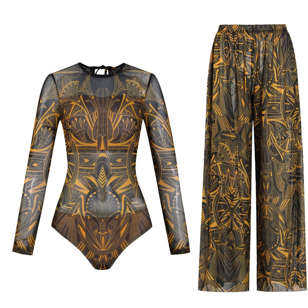 Costume da bagno con maniche lunghe e protezione solare da donna, alta elasticità, tessuto a rete ispessito, pantaloni larghi, costume da bagno europeo e americano, costume intero da fitness