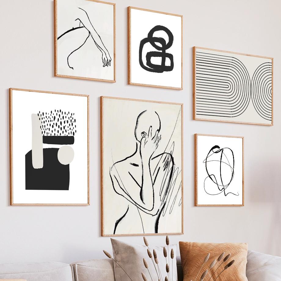 Black Lines Drawing Girl Body Rainbow Abstract Posters Prints Wall Art Canvas Painting Hotel Bar Pictures For Living Room Decor