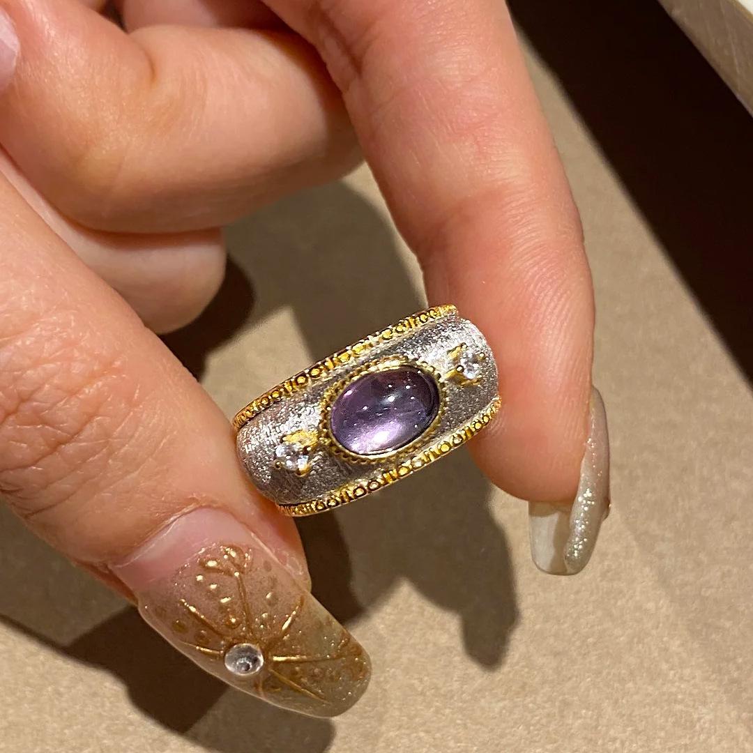 Vintage court style brushed semi transparent Zircon purple Ring dreamy inlaid diamond amethyst rings for women wedding resizable