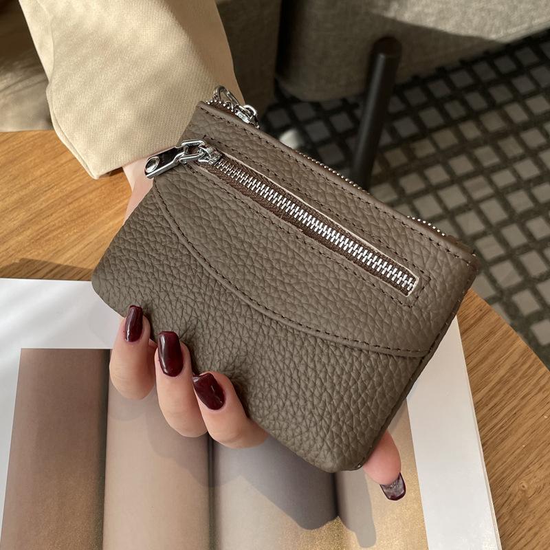 Change Bag Women's Short Small and Thin Zipper Change Bag New First-layer Cowhide Coin Key Storage