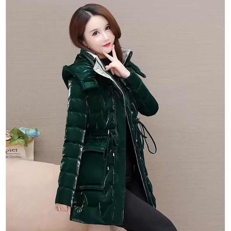 Women's Winter Cotton Coat Pearlescent Shiny Face Mid Length Fashion Foreigner Free Wash Thickened Waist Slim Fit Versatile