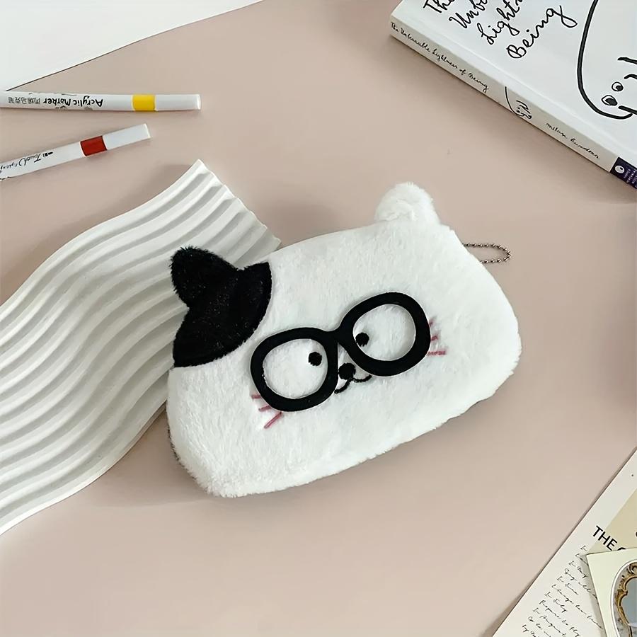 1pc Super Cute Cartoon Animal Pencil Case,ID Holder Pouch with Glasses Decoration,Plush Feel,3 Styles of Glasses-Wearing Kitten