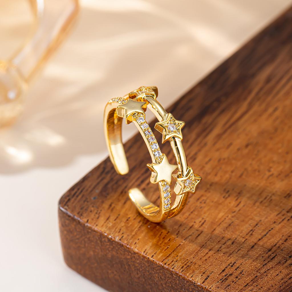 Women'S 18K Gold Plated Double Layer Star Adjustable Ring, Sparkling Cubic Zirconia & Solid Star Open Band, Hypoallergenic Nicke