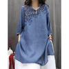Women Summer Spring Round Neck Half Sleeve Cotton Linen Blend Embroidered Retro Casual Tunic Top